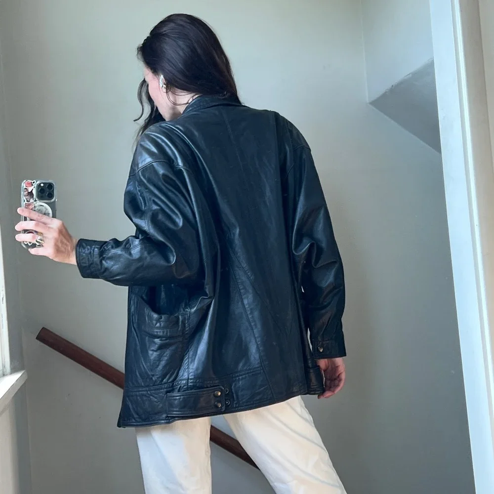 Vintage 80s Leather Jacket Black Biker Moto Dolman Sleeve Batwing Oversized USA